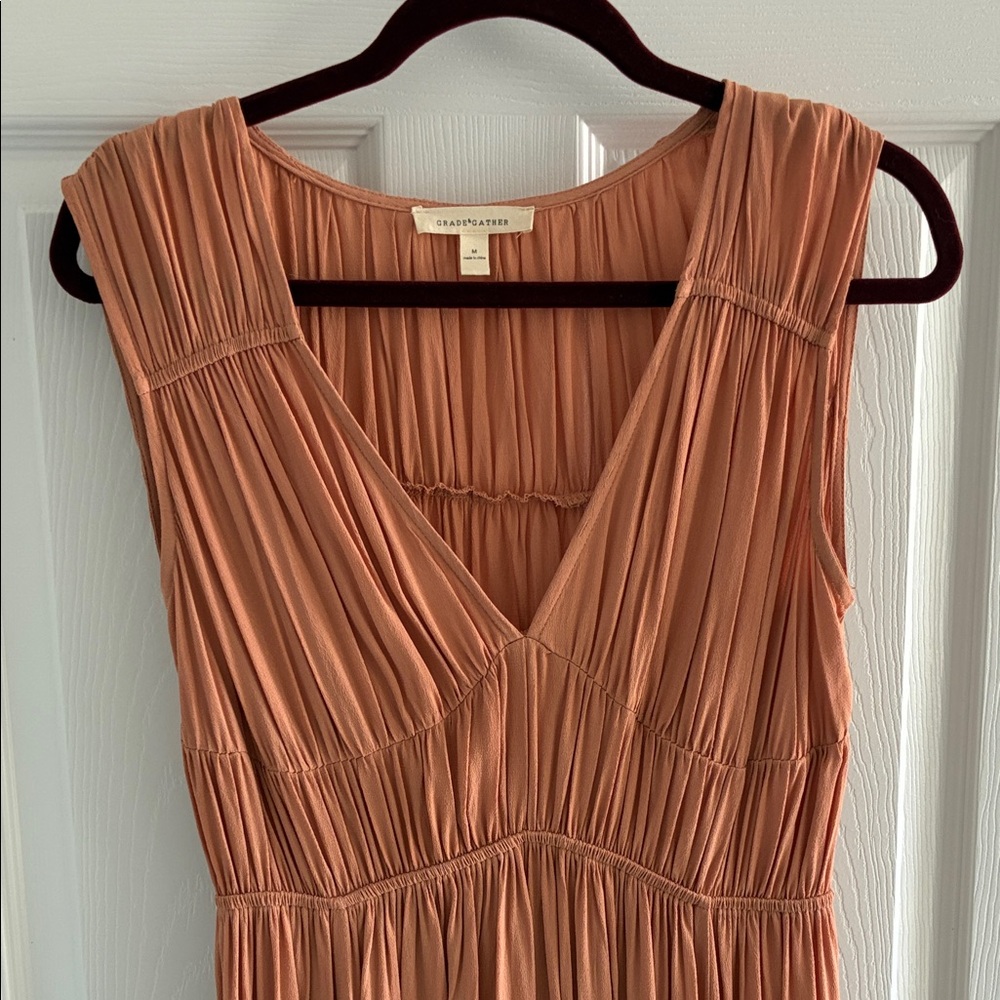 Grand & Gather Terracotta Midi Pleated V-Neck Dress